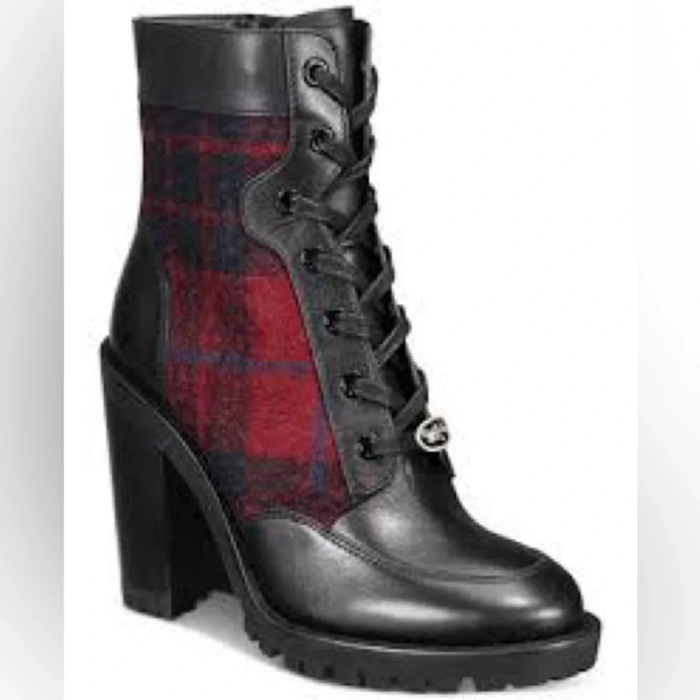 Coach Hartley Plaid Lace-Up Booties Black Leather & Red Wool Ankle Boots 7B